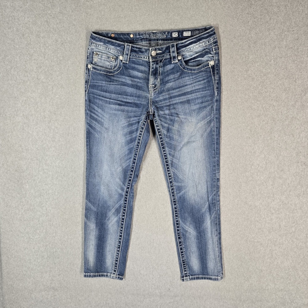 Miss Me Women Jeans 30 Blue Denim Embroidered Ankle Skinny JP8715AK Signature